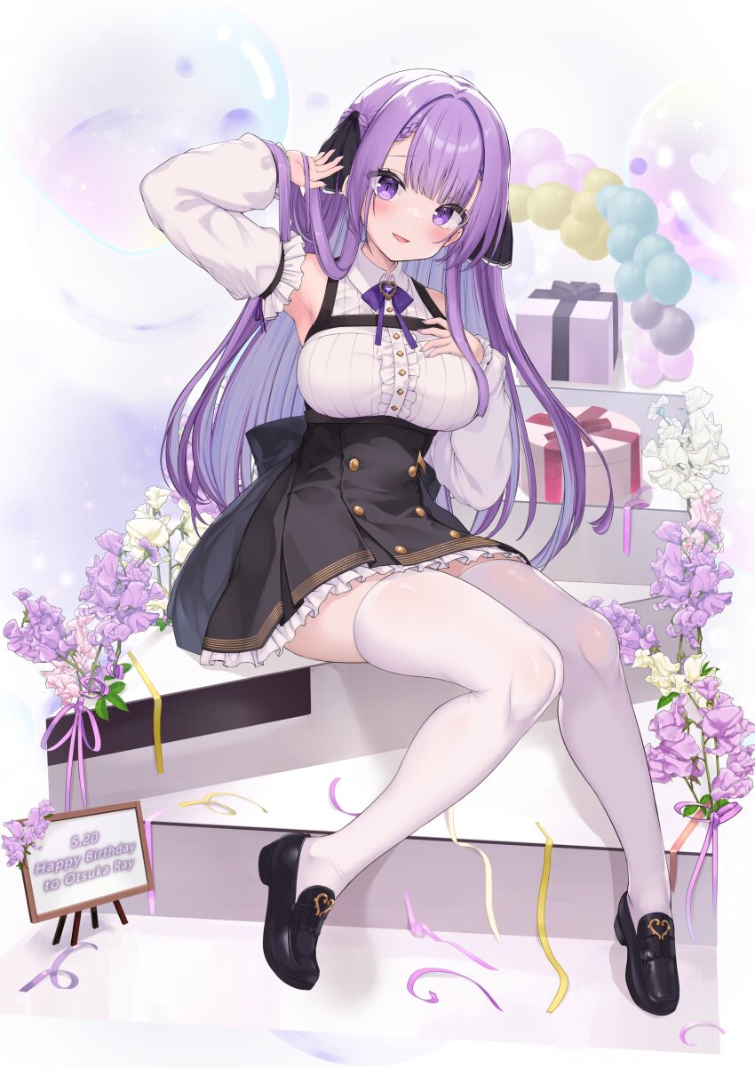 1girl absurdres arm_up armpits black_ribbon black_shoes black_skirt blunt_bangs blush braid braided_bangs breasts character_name collared_shirt dated detached_sleeves flower frilled_skirt frilled_sleeves frills hair_ribbon hand_on_own_chest happy_birthday high-waist_skirt highres indie_virtual_youtuber large_breasts long_hair looking_at_viewer ochinsama otsuka_ray parted_bangs pleated_skirt purple_brooch purple_eyes purple_flower purple_hair purple_nails purple_ribbon ribbon second-party_source shirt shoes sidelocks sitting skirt sleeveless sleeveless_shirt smile solo tassel_loafers thighhighs virtual_youtuber white_shirt white_sleeves white_thighhighs