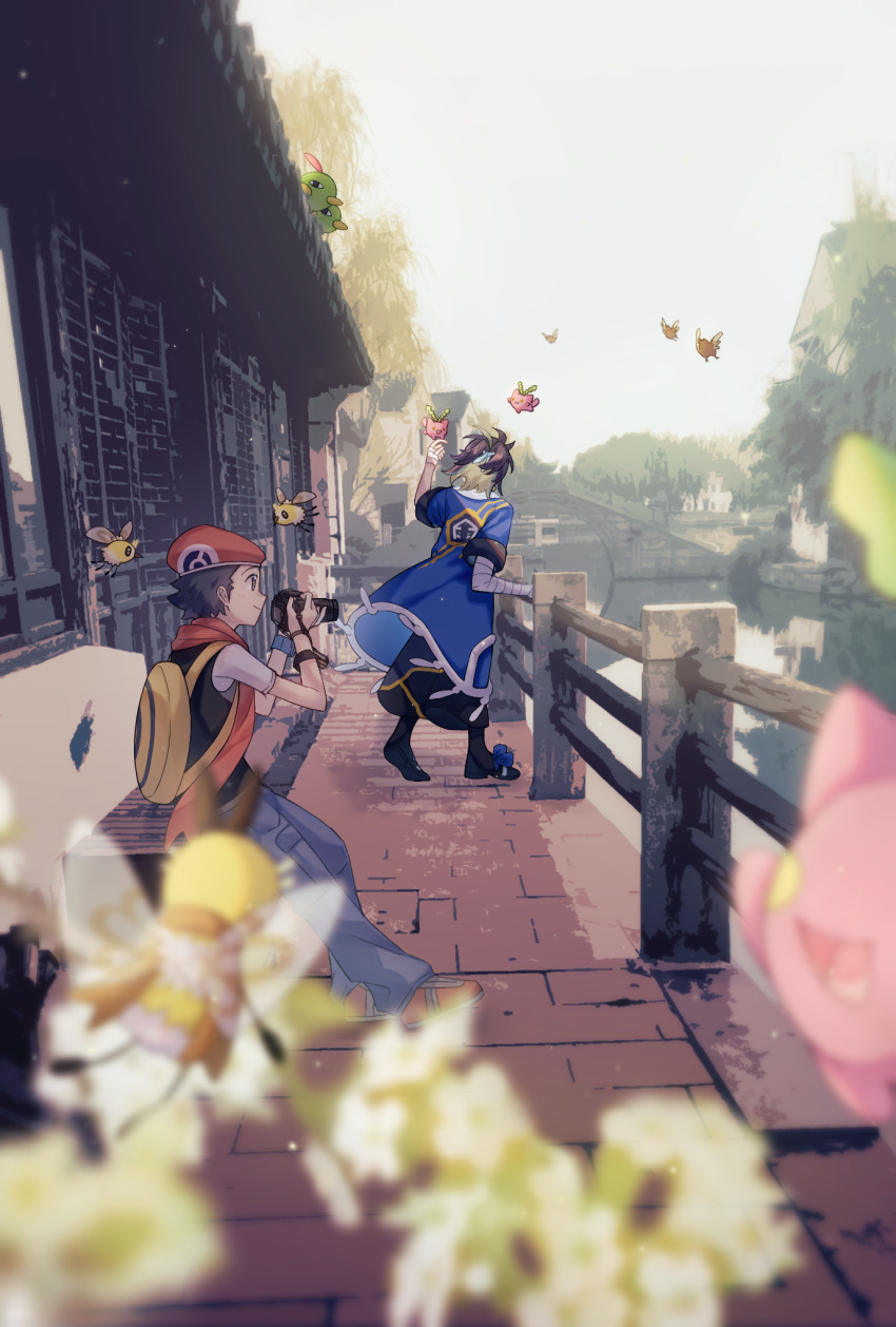 2boys adaman_(pokemon) arm_up arm_wrap backpack bag beret black_hair blonde_hair blue_coat blue_hair blue_pants camera closed_mouth coat commentary_request cutiefly gen_1_pokemon gen_2_pokemon gen_7_pokemon grey_eyes grey_shirt hands_up hat highres holding holding_camera hoppip lucas_(pokemon) male_focus medium_hair multicolored_hair multiple_boys natu nintendo outdoors pants photo_background pidgey pokemon pokemon_(creature) pokemon_dppt pokemon_legends:_arceus red_footwear red_hat red_scarf scarf shirt shoes short_hair short_sleeves smile unown unown_i water yellow_bag yue_(jinziyuezi)