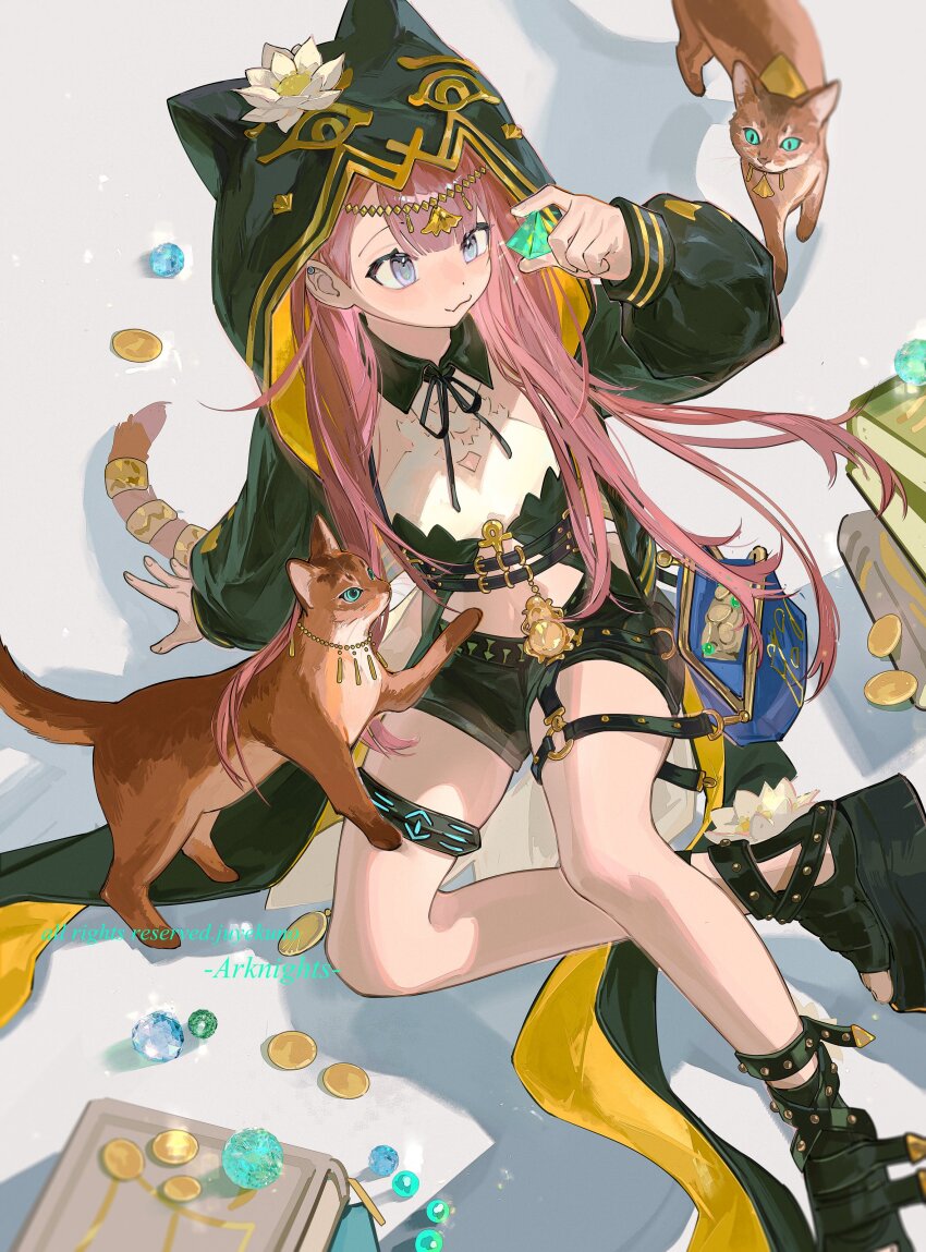 1girl absurdres animal_ear_hood animal_hood ankh arknights blue_eyes brown_tail cat cat_hood coin fake_animal_ears gold gold_coin head_chain hieroglyphics highres hood hood_up hooded_jacket jacket jewelry juyekuno long_hair long_sleeves o-ring o-ring_thigh_strap pepe_(arknights) platform_sandals red_hair scarab sitting solo squinting tail tail_ornament tail_ring thigh_strap two-sided_fabric two-sided_jacket yellow_jacket