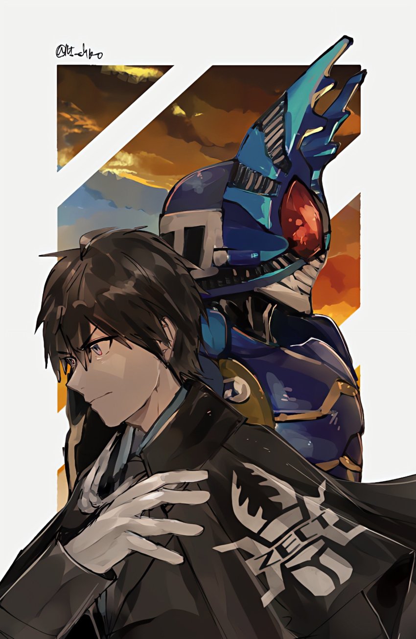 absurdres adjusting_clothes armor black_cape black_hair black_suit blue_armor bug cape commentary dual_persona formal_clothes gloves grey_eyes helmet highres kagami_arata kamen_rider kamen_rider_gatack kamen_rider_kabuto_(series) logo long_sleeves male_focus ni_celery_pk profile red_eyes short_hair stag_beetle suit tokusatsu upper_body white_gloves
