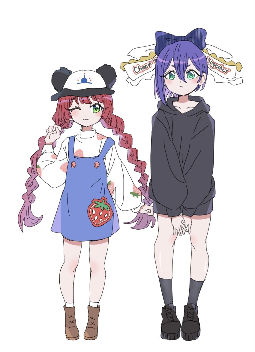 2girls ;3 bare_legs black_boots black_hoodie black_socks boots braid brown_boots commentary dalidari27 green_eyes hair_between_eyes haraga_kurumi hat hat_with_ears highres hood hood_down hoodie kimi_no_koto_ga_dai_dai_dai_dai_daisuki_na_100-nin_no_kanojo long_hair long_sleeves looking_at_viewer multiple_girls one_eye_closed purple_hair red_hair short_hair simple_background smile socks twin_braids v_arms very_long_hair white_background yakuzen_yaku