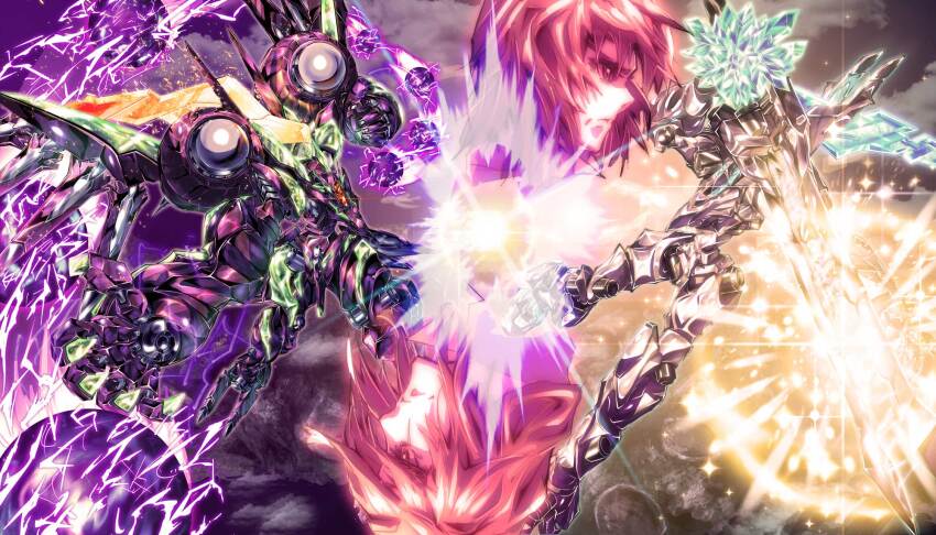 2boys assault_visor claws cloud crystal energy_ball floating flying glowing highres horns makabe_kazuki mark_nicht mark_sein mecha mechanical_tentacles minashiro_soushi multiple_boys robot science_fiction soukyuu_no_fafner uungunover weapon wings