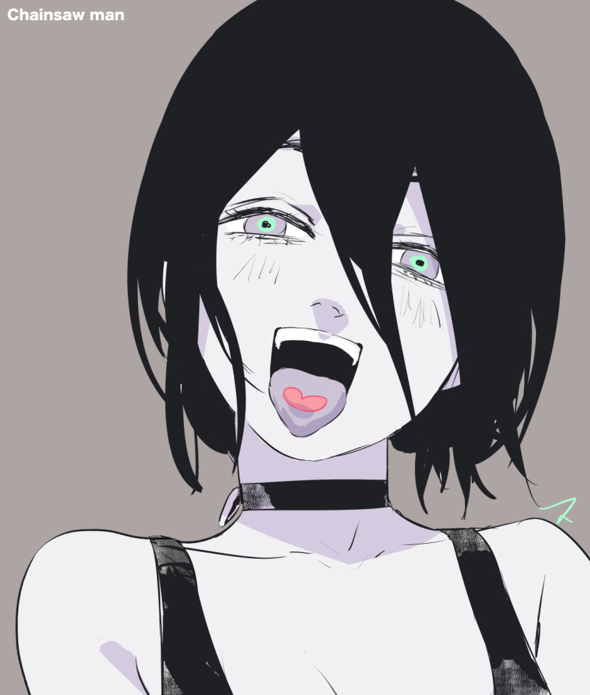 1girl black_choker black_hair chainsaw_man choker commentary copyright_name green_eyes grenade_pin grey_background hair_between_eyes highres matahei reze_(chainsaw_man) short_hair signature simple_background sketch solo tongue tongue_out