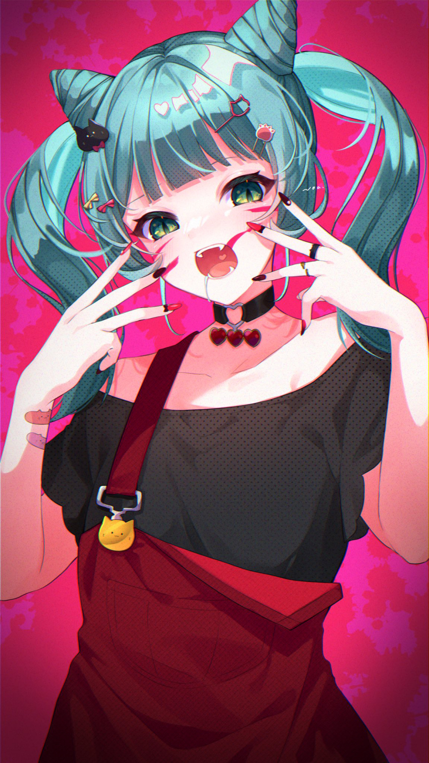 1girl animal_(vocaloid) animal_ears aqua_eyes aqua_hair black_shirt blue_hair cat_hair_ornament choker facial_mark fangs hair_bun hair_ornament hairclip hatsune_miku heart highres jewelry long_hair miteinano_(mitei_nano28) nail_polish open_mouth shirt solo twintails vocaloid