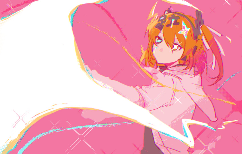 1girl a.i._voice adachi_rei alternate_eye_color bandaid_on_eye black_shirt cracked_skin diffraction_spikes dripping floating_hair grey_eyes hair_ribbon headlamp headphones heterochromia highres hood hood_down hooded_jacket jacket kanji_hair_ornament long_sleeves looking_ahead medium_hair one_side_up orange_eyes orange_hair outstretched_arm pink_background qixinnn radio_antenna ribbon shirt solo sparkle sparkle_hair_ornament text_hair_ornament tougenkyou_e_ikou_(utau) upper_body utau white_jacket white_ribbon