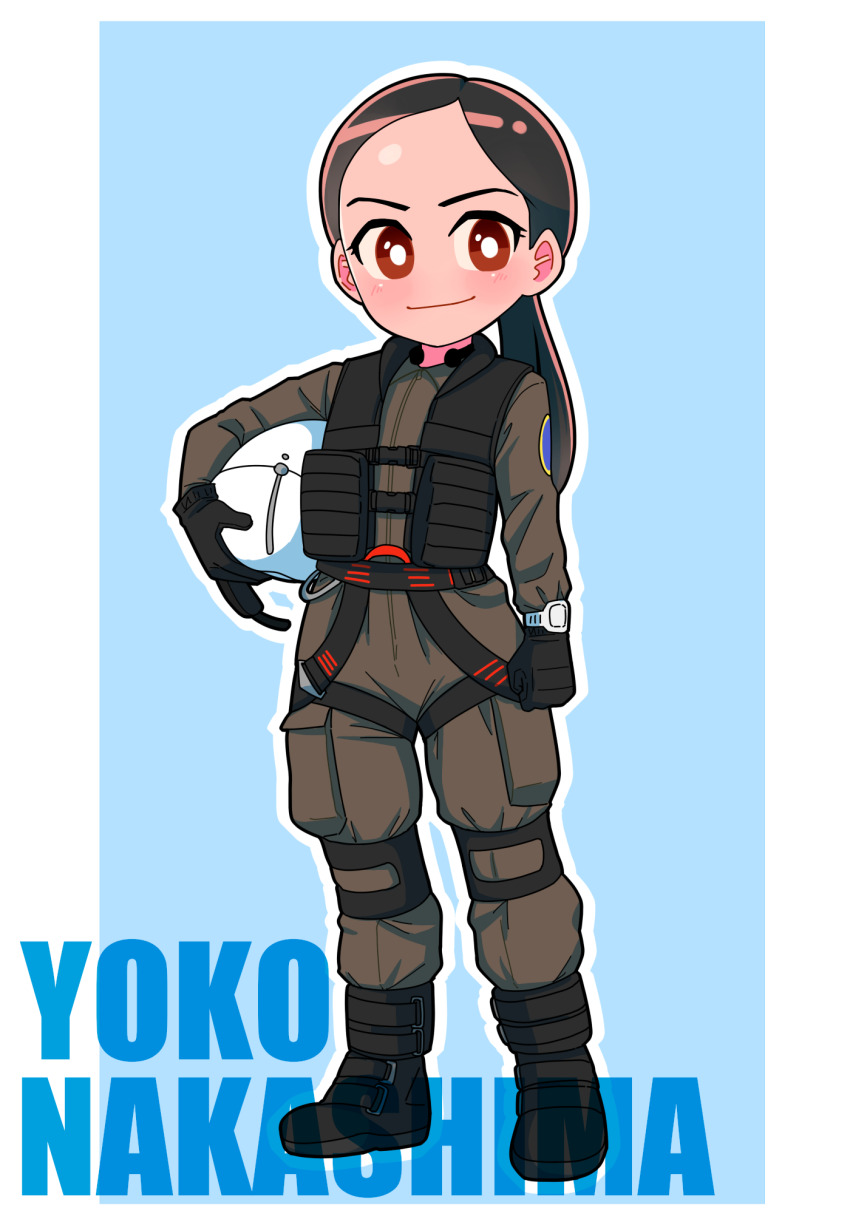 1girl animification black_boots black_gloves blue_background blush boots border bright_pupils brown_eyes brown_hair character_name clenched_hand closed_mouth collared_jumpsuit commentary full_body gloves grey_jumpsuit helmet highres holding holding_helmet insignia jumpsuit knee_pads long_hair long_sleeves looking_at_viewer low_ponytail military military_uniform nakashima_yoko no_nose ponytail smile solo standing storage_uniform tokusatsu tsubasa_(godbardtsubasa) ultra_series ultraman_z_(series) utility_vest vest watch white_border white_helmet white_pupils wristwatch wristwatch_over_clothes zipper