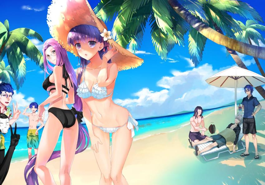 2girls 6+boys aged_down ahoge beach beach_umbrella berserker_(fate/zero) bikini black_bikini blue_hair breasts brothers fate/stay_night fate/zero fate_(series) father_and_son glasses hair_ribbon hassan_of_the_cursed_arm_(fate) long_hair low-tied_long_hair mask matou_byakuya matou_kariya matou_sakura matou_shinji matou_zouken medusa_(fate) medusa_(rider)_(fate) multiple_boys multiple_girls ocean outdoors purple_hair ribbon sand short_hair siblings side-tie_bikini_bottom skull_mask smile square_pupils swimsuit time_paradox umbrella uncle_and_niece v very_long_hair wavy_hair white_bikini white_hair ycco_(estrella)