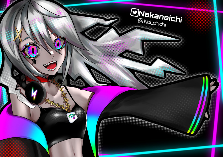 1girl absurdres colorful eye_makeup fangs hair_ornament highres jacket leather leather_jacket lightning multicolor multicolored_eyes nakanaichi original rainbow_eyes sharp_teeth simple_background solo teeth