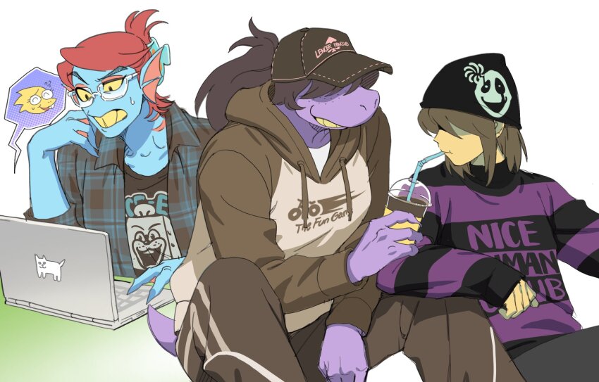 1other 2girls alternate_costume alternate_hairstyle baseball_cap blue_skin brown_hair brown_hat brown_hoodie brown_pants colored_sclera colored_skin computer cup deltarune disposable_cup drawstring drinking drinking_straw fins freckles furry furry_female gills glasses hat head_fins highres holding holding_cup hood hoodie kris_(deltarune) laptop multiple_girls pants ponytail purple_skin red_hair shirt short_hair simple_background sitting susie_(deltarune) sweat tail ttudolee undyne w.d._gaster webbed_hands white_background yellow_sclera