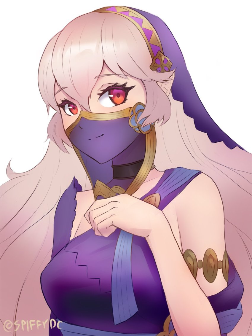 1girl alternate_costume asymmetrical_sleeves azura_(fire_emblem) azura_(lady_of_ballads)_(fire_emblem) closed_mouth corrin_(female)_(fire_emblem) corrin_(fire_emblem) female_focus fire_emblem fire_emblem_fates fire_emblem_heroes highres long_hair mouth_veil nintendo pointy_ears red_eyes simple_background solo spiffydc twitter_username uneven_sleeves upper_body veil white_background white_hair