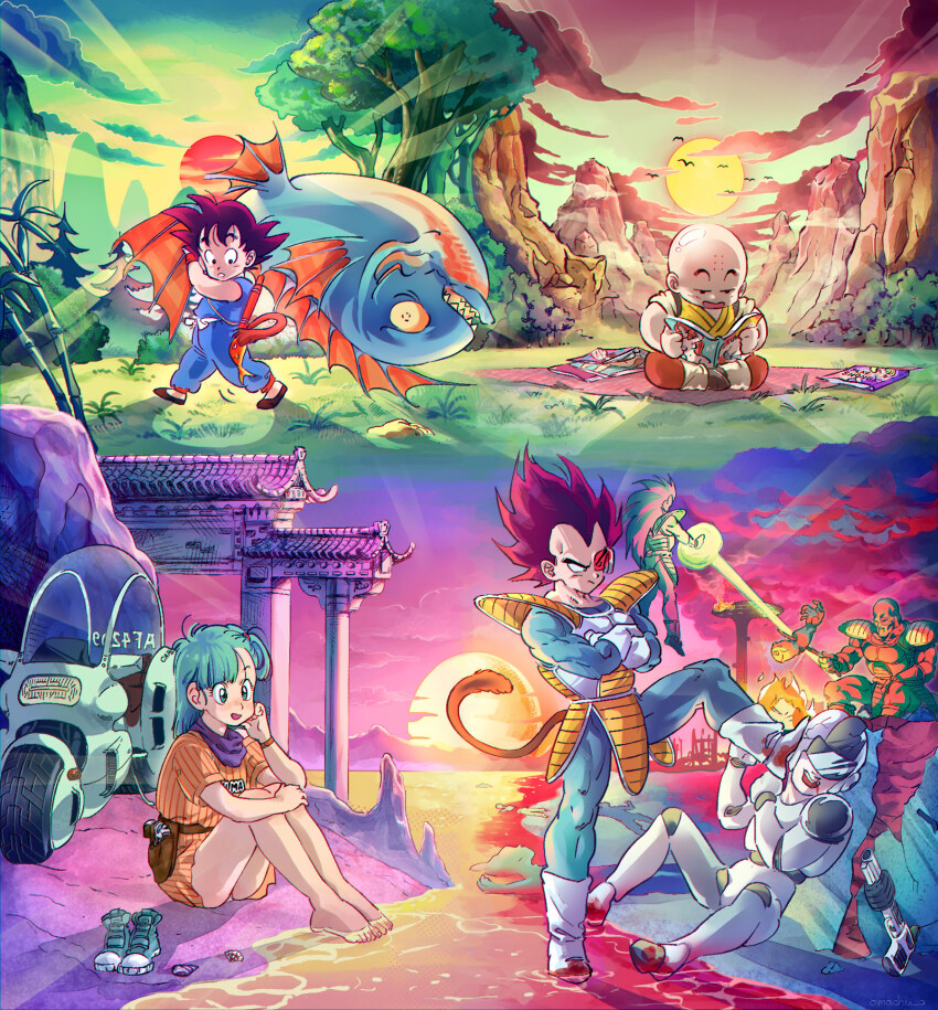 1girl 6+boys amachu_a animal aqua_hair architecture armor bald bamboo bandana black_hair blood blood_from_mouth blood_on_shoes blue_eyes blush bulma chinese_clothes clam commentary dragon_ball dragon_ball_(classic) dragonball_z east_asian_architecture energy_beam facial_mark fire fish forehead_mark gun handgun hashtag-only_commentary helmet highres holding holding_animal holding_fish holding_magazine holster indian_style kuririn long_hair magazine_(object) monkey_tail motor_vehicle motorcycle mountain mountainous_horizon multiple_boys nappa one_side_up purple_bandana raditz reading roasting ruyi_jingu_bang saiyan_armor shoes shoulder_armor simple_bird sitting soaking_feet son_goku sun sunset tail tree unworn_shoes vegeta weapon