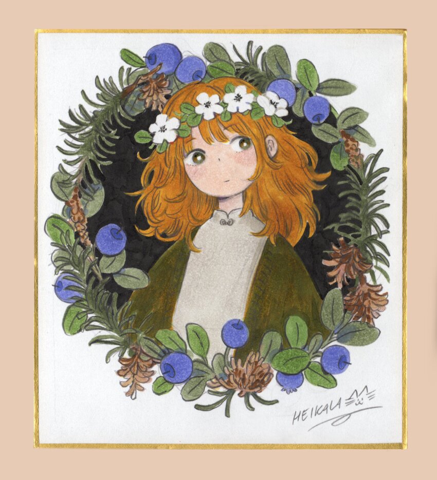 1girl berry black_background border brown_border flower flower_wreath food fruit gold_border green_eyes green_sweater grey_shirt head_wreath heikala high_collar highres leaf light_smile medium_hair orange_hair original painting_(medium) pinecone shirt signature sweater traditional_media watercolor_(medium) wavy_hair white_background white_flower wreath