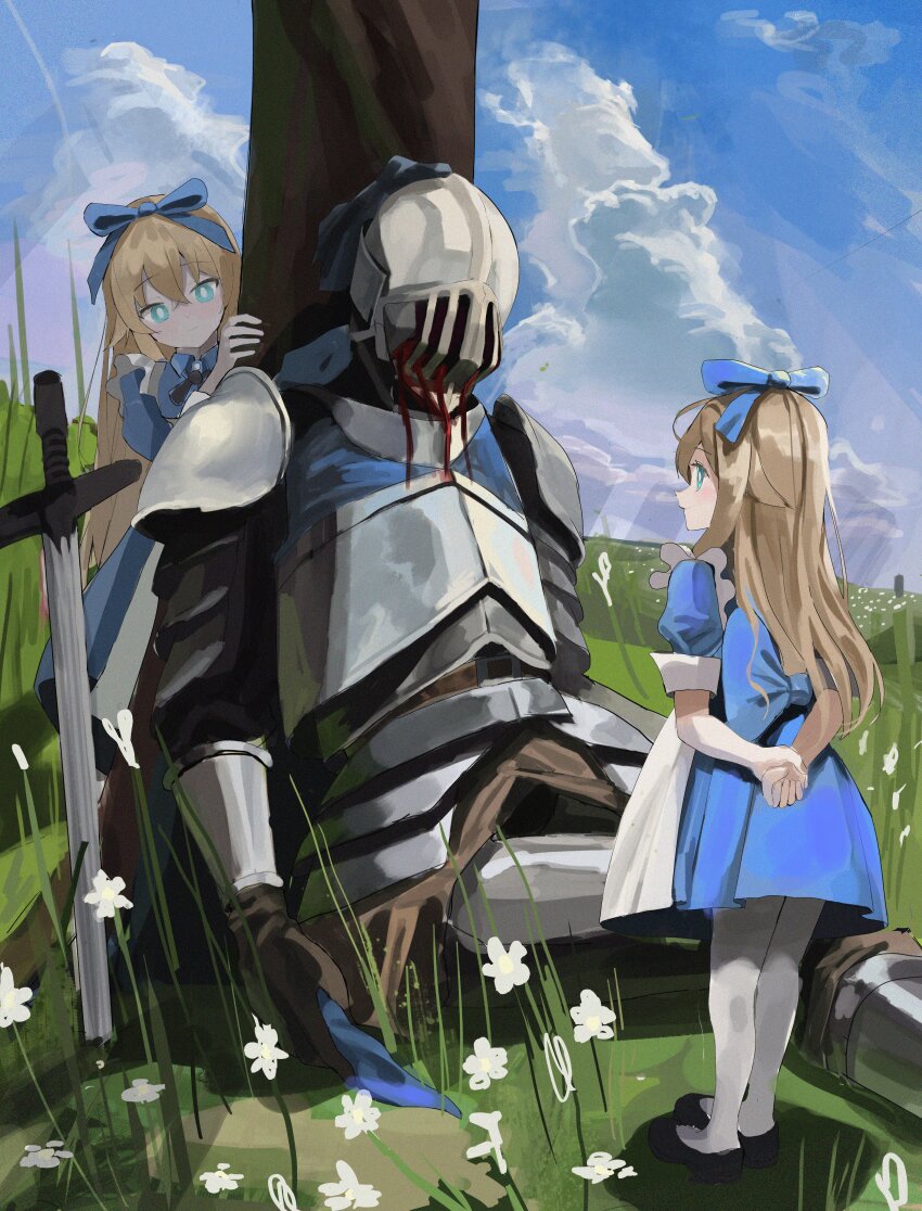 1boy 2girls absurdres against_tree alice_(black_souls) apron armor arms_behind_back black_souls blonde_hair blood blue_dress blue_eyes bow cloud day dress flower full_armor grass grimm_(black_souls) hair_bow hair_flaps helmet highres kagana_helsuki long_hair looking_at_another multiple_girls on_grass outdoors pantyhose planted planted_sword planted_weapon puffy_short_sleeves puffy_sleeves shoes short_sleeves sitting sky standing sword tree weapon white_apron white_pantyhose