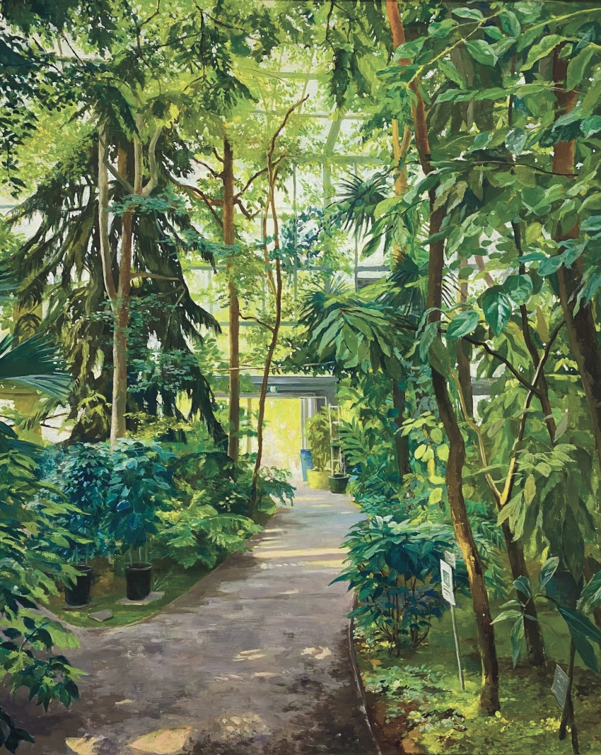 absurdres commentary_request dappled_sunlight day door grass greenhouse highres indoors no_humans original plant potted_plant scenery sign sugita_magari sunlight tree walkway