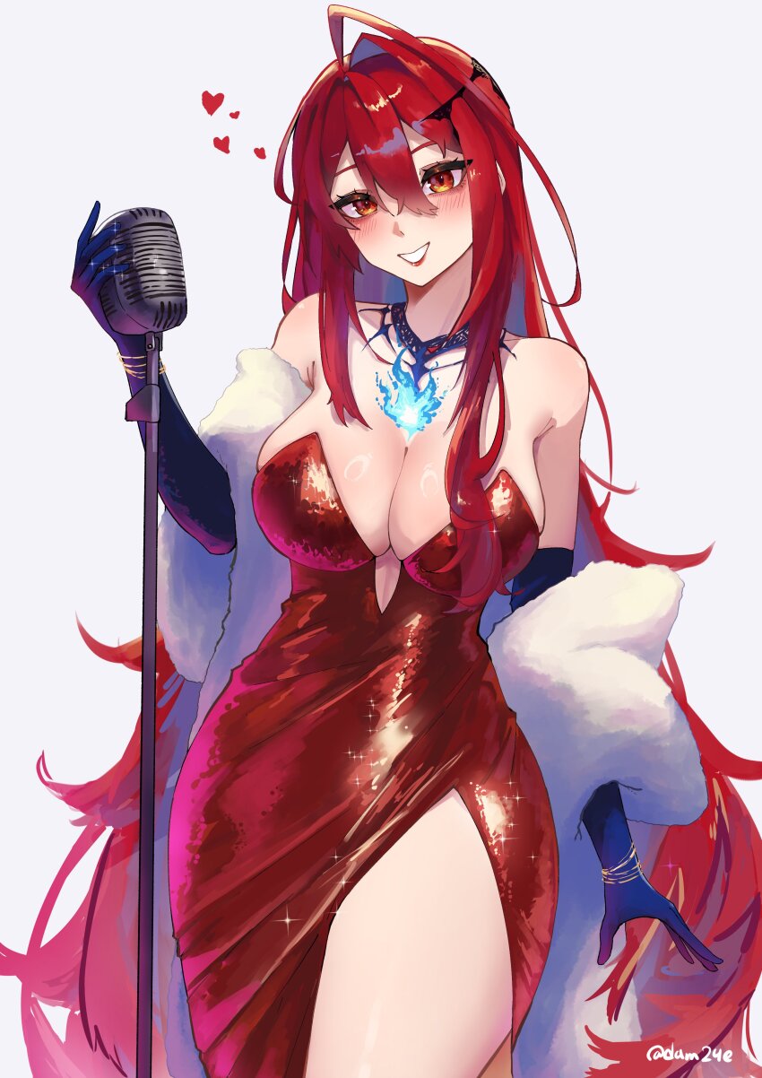 1girl absurdres adammaarr ahoge black_gloves blue_fire breasts dress elbow_gloves elizabeth_rose_bloodflame fire fire_on_chest gloves heart highres hololive hololive_english huge_ahoge large_breasts long_hair looking_at_viewer microphone_stand red_dress red_eyes red_hair solo very_long_hair virtual_youtuber