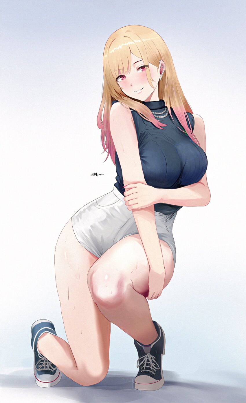 1girl absurdres alternate_costume barbell_piercing bare_arms bare_shoulders blonde_hair blue_shirt blue_shoes blush breasts commentary ear_piercing earrings english_commentary gradient_background gradient_hair hand_on_own_arm highleg_shorts highres jewelry kitagawa_marin large_breasts long_hair looking_at_viewer multicolored_hair mymzi nail_polish necklace on_one_knee parted_lips pearl_necklace piercing pink_hair pink_nails red_eyes shirt shirt_tucked_in shoes shorts sleeveless sleeveless_turtleneck smile sneakers solo sono_bisque_doll_wa_koi_wo_suru sweat taut_clothes taut_shirt thighs tiptoes turtleneck twitter_username white_shorts