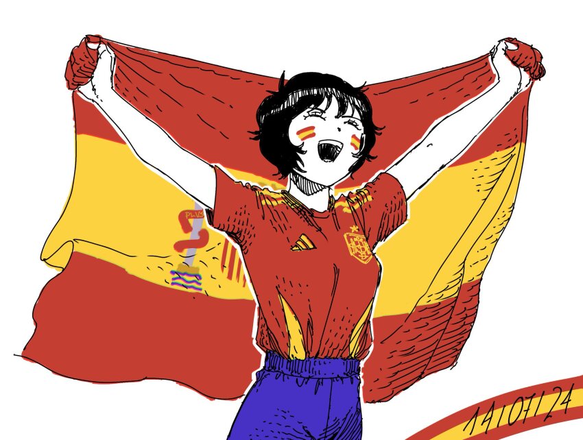 1girl adidas arms_up blue_shorts closed_eyes dated euro_2024 facepaint flag happy heidi_(heytherenrds) highres holding holding_flag open_mouth original red_shirt shirt short_sleeves shorts smile solo spanish_commentary spanish_flag t-shirt upper_body
