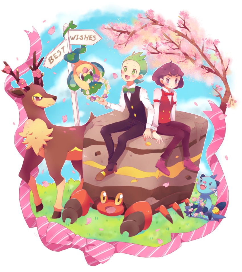 1boy 1girl 33lol :d :o armband black_pants blue_sky blush bow bowtie brown_pants burgundy_(pokemon) cherry_blossoms cilan_(pokemon) cloud crustle day dewott eye_contact eyebrows gen_5_pokemon grass green_eyes green_hair green_neckwear highres looking_at_another nintendo open_mouth outdoors pansage pants petals pokemon pokemon_(anime) pokemon_(creature) pokemon_bw pokemon_bw_(anime) pokemon_sommelier purple_hair red_neckwear riding riding_pokemon sakura_tree sawsbuck sawsbuck_(spring) short_hair sitting sky sleeve_garter smile traditional_bowtie vest wreath