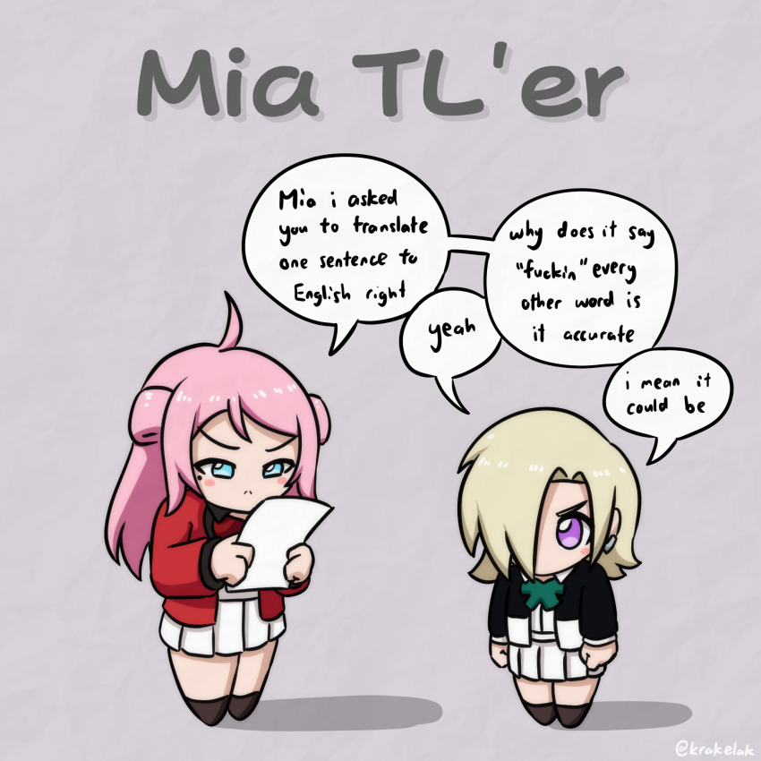 2girls ahoge black_jacket black_shirt blonde_hair blue_eyes chibi chibi_only closed_mouth collared_shirt commentary dress_shirt english_commentary english_text frown green_ribbon grey_skirt hair_over_one_eye half-closed_eyes highres holding holding_paper jacket krakelak letterman_jacket long_hair long_sleeves love_live! love_live!_nijigasaki_high_school_idol_club mia_taylor mole mole_under_eye multiple_girls neck_ribbon nijigasaki_school_uniform no_mouth one_eye_covered paper pink_hair pleated_skirt profanity pun purple_eyes red_jacket red_ribbon ribbon school_uniform shirt short_hair sidelocks skirt speech_bubble split_mouth squinting swept_bangs text_focus twitter_username two_side_up white_shirt white_skirt winter_uniform zhong_lanzhu