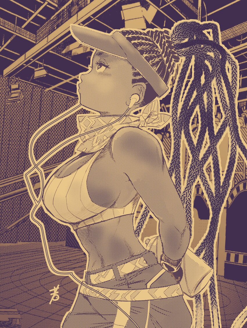 1girl arms_behind_back breasts crop_top dark-skinned_female dark_skin dreadlocks earbuds earphones from_side highres hiroshi_mono kimberly_jackson large_breasts listening_to_music monochrome o3o official_alternate_costume official_alternate_hairstyle scarf sideboob sleeveless solo spray_can street_fighter street_fighter_6 visor_cap