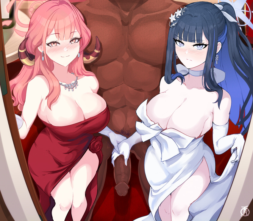 1boy 2girls absurdres aru_(blue_archive) aru_(dress)_(blue_archive) bare_shoulders black_hair blue_archive blue_hair blue_halo breasts cleavage clothed_female_nude_male cowboy_shot dark-skinned_male dark_skin door dress elbow_gloves gloves halo hetero high_ponytail highres interracial large_breasts long_hair looking_at_viewer multicolored_hair multiple_girls netorare nude penis_grab pink_hair ponytail pov red_dress red_halo revolverwing saori_(blue_archive) saori_(dress)_(blue_archive) strapless strapless_dress two-tone_hair white_dress white_gloves