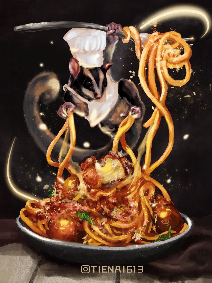 animal animal_focus apron artist_name black_background blurry chef_hat commentary cooking food food_focus fork glowing hat highres holding holding_fork instagram_username lemur mushroom no_humans noodles original parsley pasta plate procreate_(medium) sesame_seeds simple_background tienai white_apron
