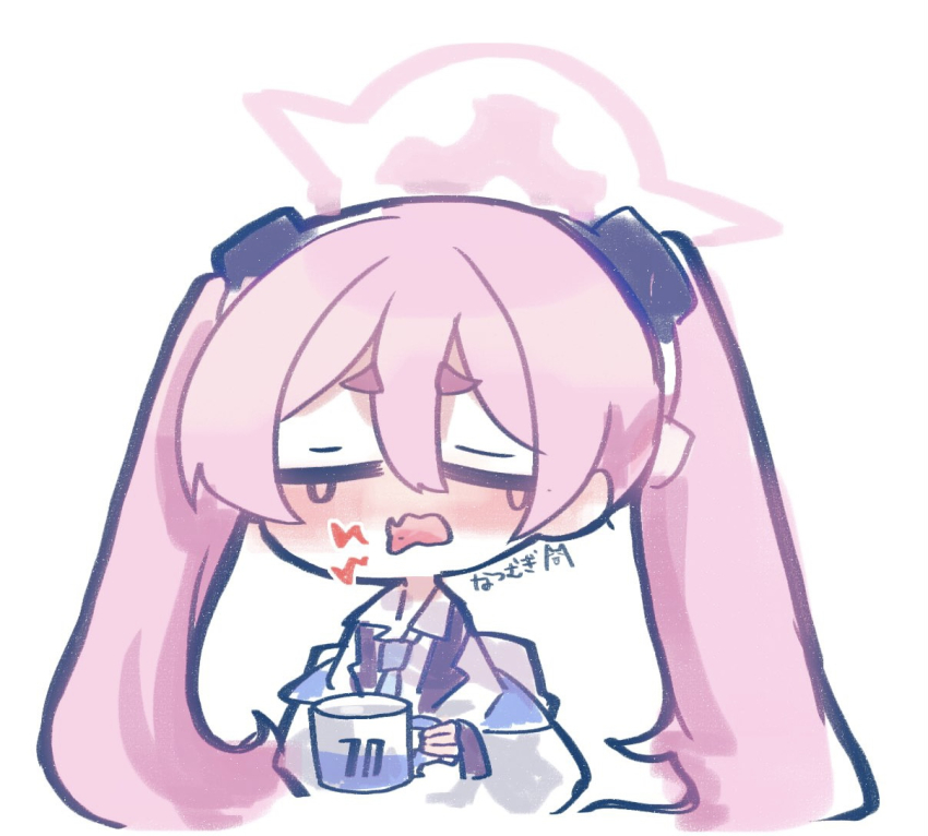 1girl artist_name blue_archive blue_necktie closed_eyes coffee_mug commentary_request crying cup dress_shirt fang hair_ornament halo hot jacket koyuki_(blue_archive) lightning_bolt_symbol long_hair millennium_science_school_logo mug natsu_ya_mugi necktie pain pink_hair pink_halo shirt short_eyebrows simple_background skin_fang solo thick_eyebrows thick_outlines tongue tongue_out twintails two-sided_fabric two-sided_jacket wavy_mouth white_background white_jacket