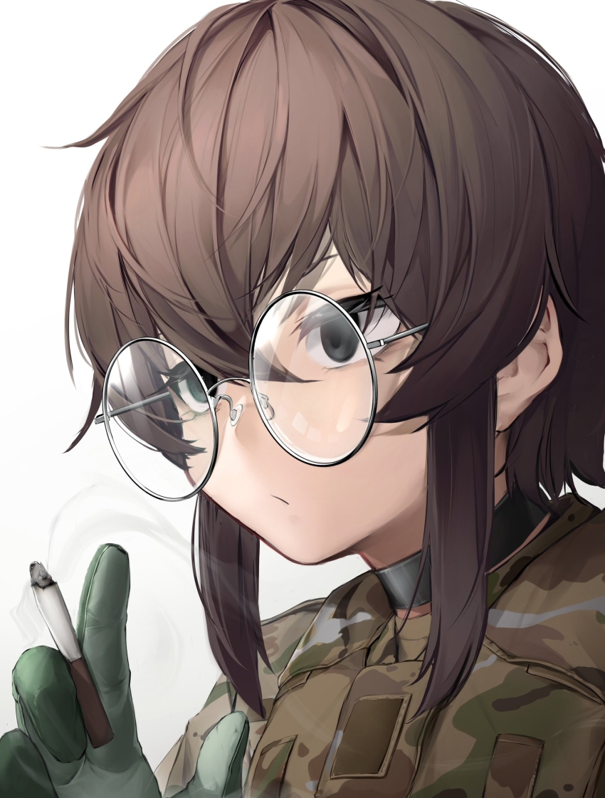 1girl black_eyes brown_gloves brown_hair camouflage camouflage_shirt cigarette expressionless eyelashes glasses gloves hair_between_eyes highres holding holding_cigarette karinn_(ka941) nine_(kanine41) original round_eyewear shirt short_hair sidelocks simple_background smoke solo white_background