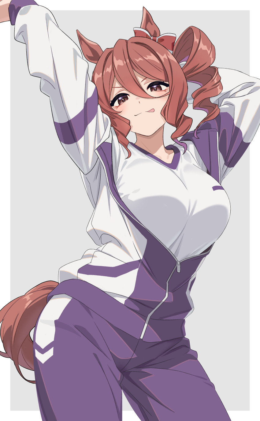 1girl :q absurdres animal_ears arm_behind_head arm_up blue_jacket blue_pants bow breasts brown_eyes brown_hair closed_mouth commentary_request cowboy_shot drill_hair drill_sidelocks ear_bow grey_background gym_shirt hand_on_own_arm highres horse_ears horse_girl horse_tail jacket kasamatsu_tracen_training_uniform licking_lips long_sleeves looking_at_viewer medium_hair norn_ace_(umamusume) pants partially_unzipped reibun_(raven1119) shirt side_drill sidelocks smile solo standing t-shirt tail tongue tongue_out track_jacket track_pants track_suit umamusume umamusume:_cinderella_gray white_shirt
