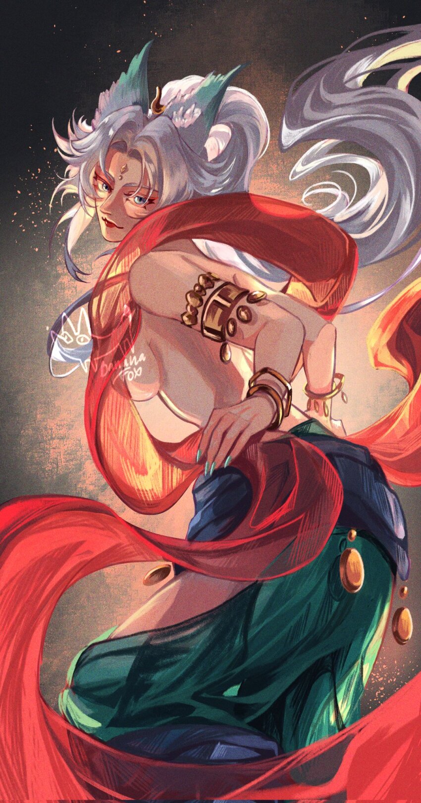 1girl alternate_costume animal_ear_fluff animal_ears arabian_clothes armlet baggy_pants bangle blue_eyes bracelet breasts commentary eyeliner eyeshadow facial_mark feixiao_(honkai:_star_rail) fingernails forehead_mark fox_ears glasses green_pants hagoromo high_ponytail highres honkai:_star_rail honkai_(series) jewelry lillin20092000 long_hair looking_at_viewer makeup medium_breasts pants ponytail red_eyeshadow red_lips sash shawl sideboob signature solo topless_female white_hair