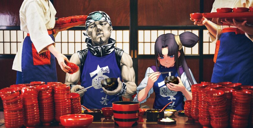 1boy 1girl 2others apron bandana black_hair black_sclera blue_apron blue_eyes blush bowl bowl_stack chopsticks colored_sclera eating eating_contest facial_hair fate/grand_order fate_(series) food goatee hair_bun highres holding holding_chopsticks indoors iwate_prefecture long_hair multiple_others musashibou_benkei_(fate) musashibou_benkei_(under_the_same_sky)_(fate) noodles official_art photo_background sakamoto_mineji shinjirou side_ponytail single_side_bun sitting sliding_doors soba ushiwakamaru_(fate) ushiwakamaru_(under_the_same_sky)_(fate) wanko_soba