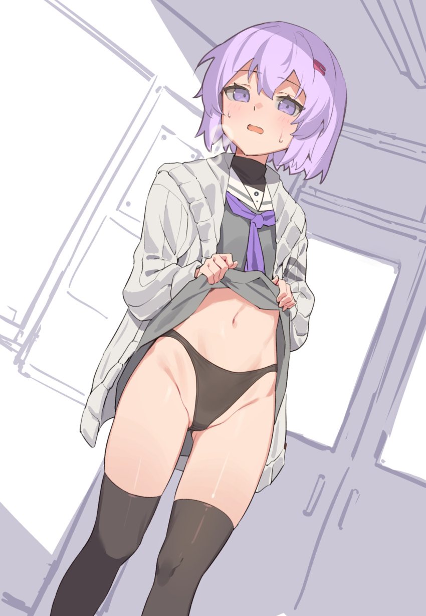 1girl a.i._voice black_panties black_thighhighs blush cardigan clothes_lift commentary_request embarrassed flat_chest grey_cardigan grey_skirt heavy_breathing highleg highleg_panties highres lifting_own_clothes open_cardigan open_clothes panties purple_eyes purple_hair short_hair skirt skirt_lift solo thighhighs underwear voiceroid yamamomo_(plank) yuzuki_yukari yuzuki_yukari_(shizuku)