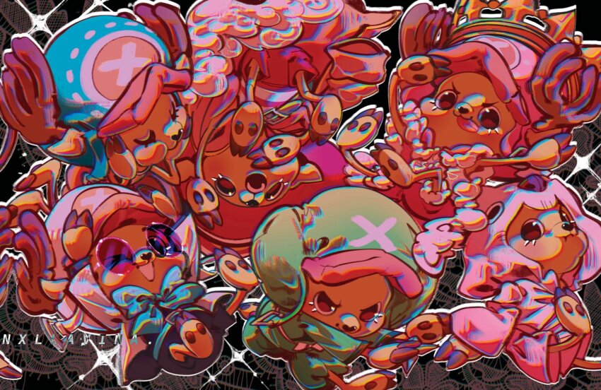 1boy antlers blue_bow blue_bowtie blue_hood bow bowtie chromatic_aberration cross crown hat highres hood horns looking_at_viewer male_focus one_piece reindeer_antlers round_eyewear solo tony_tony_chopper upside-down vanxllavina