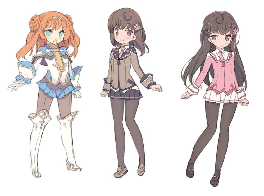 2girls alisa_kirsten black_legwear blade_(galaxist) blush boots brown_hair concept_art double_bun flower full_body gloves green_eyes hair_bun hair_flower hair_ornament knee_boots long_hair multiple_girls multiple_views necktie official_art open_mouth orange_hair pantyhose pink_eyes pleated_skirt pop-up_story school_uniform serizawa_shion simple_background skirt smile st._feles_gakuen_uniform white_background white_footwear white_gloves