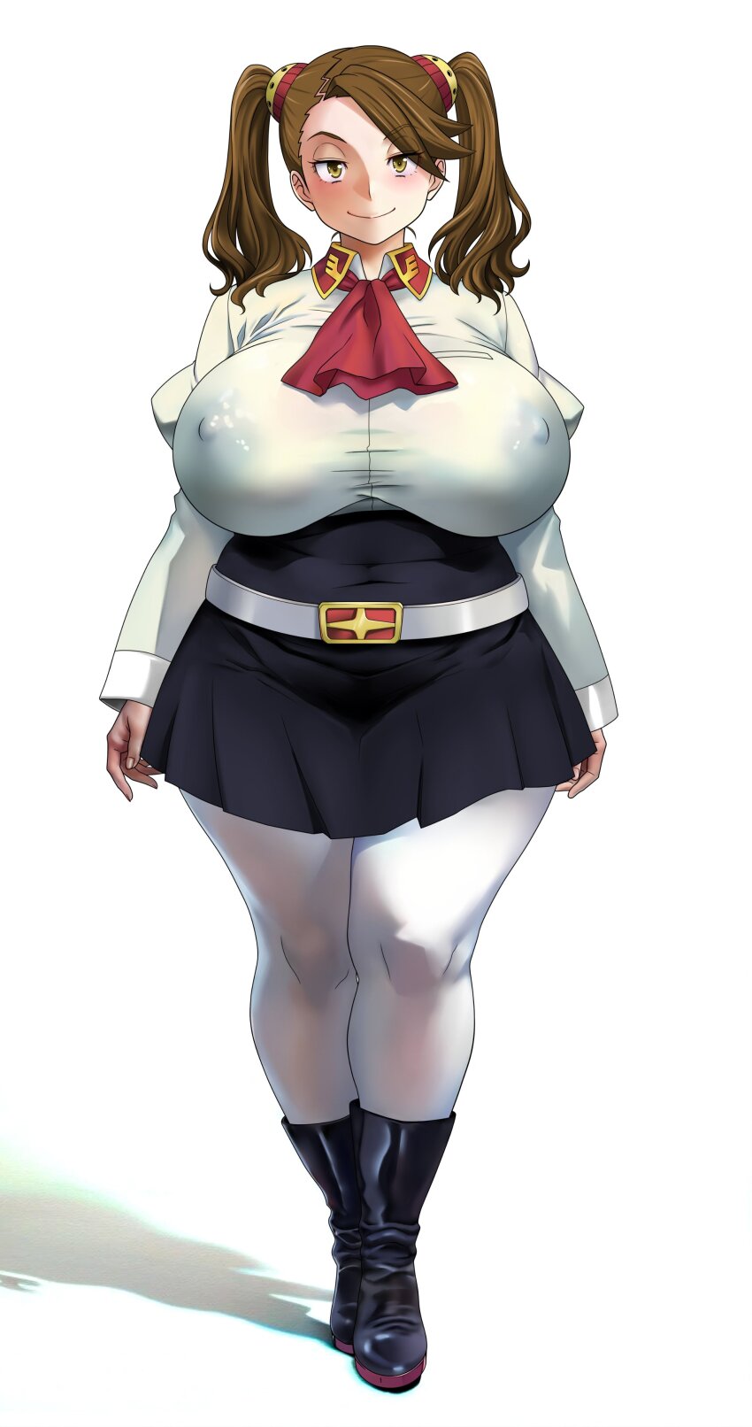 1girl absurdres ascot belt boots breasts brown_hair covered_erect_nipples covered_navel full_body gundam gundam_build_fighters gundam_build_fighters_try hair_ornament highres huge_breasts lips medium_hair no_bra pantyhose plump sazaki_kaoruko school_uniform shirt shoumaru_(gadget_box) skirt smile solo standing tight_clothes twintails white_background white_pantyhose wide_hips yellow_eyes