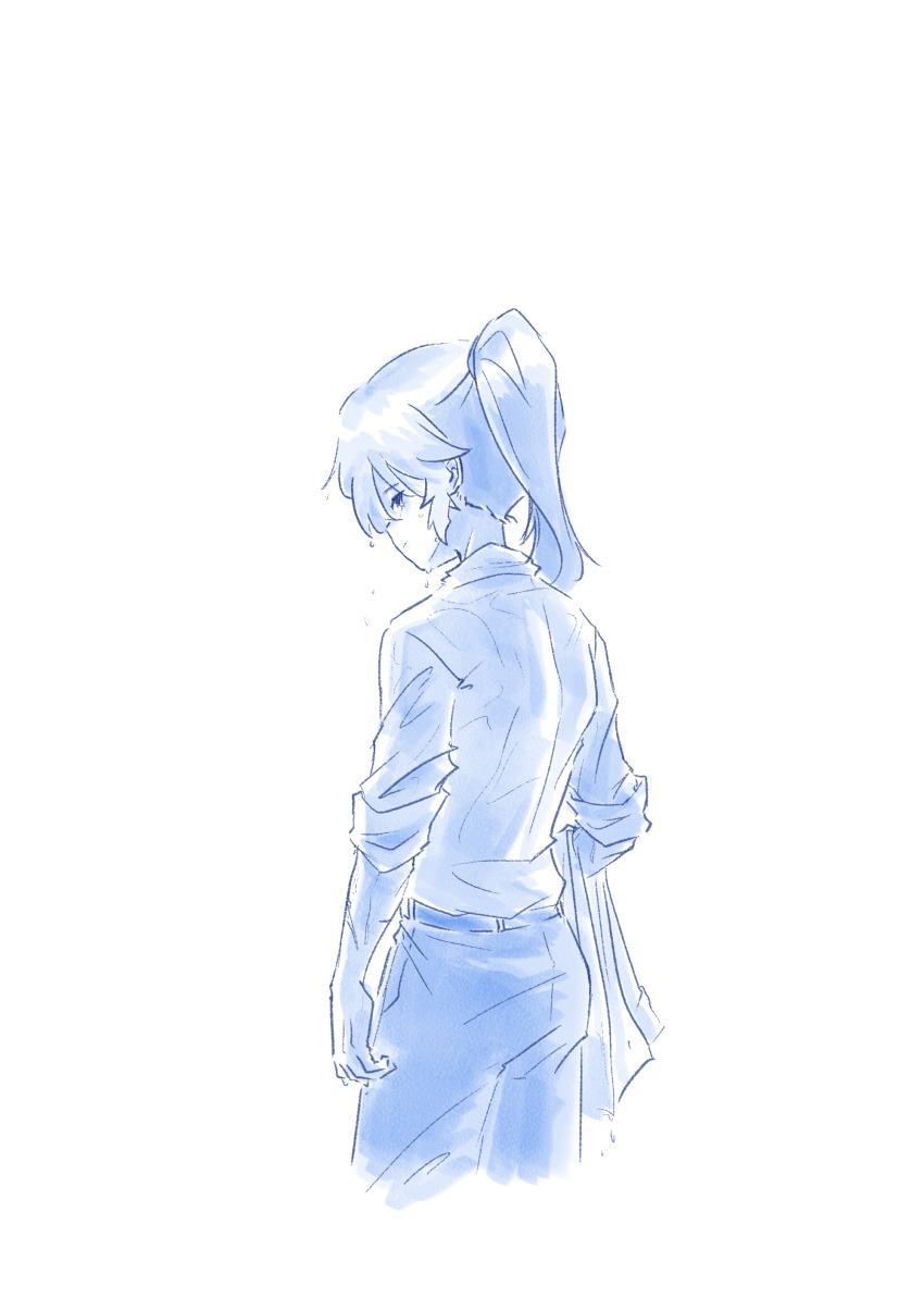 1girl absurdres arm_at_side assault_lily belt closed_mouth commentary_request cowboy_shot cropped_legs from_behind hair_between_eyes high_ponytail highres holding holding_jacket holding_unworn_clothes jacket long_sleeves looking_at_viewer looking_back medium_hair monochrome nagasawa_yuki_(assault_lily) pants ponytail profile shirt shirt_tucked_in sideways_glance simple_background sleeves_pushed_up solo standing teisuu unworn_jacket water_drop wet white_background