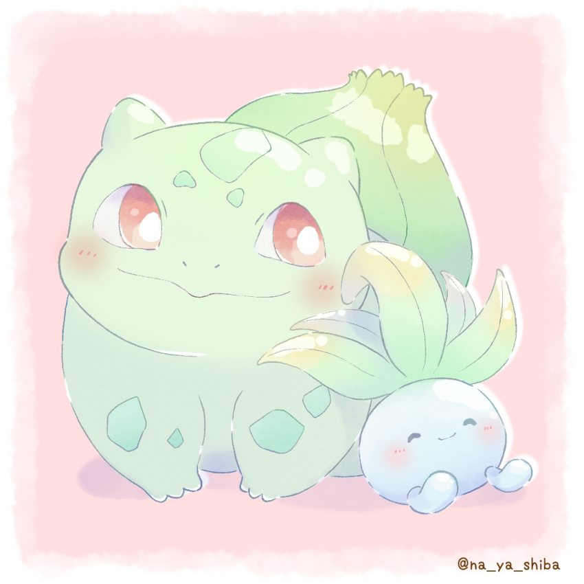 animal_focus blush border bright_pupils bulbasaur closed_mouth gen_1_pokemon na_ya_shiba nintendo no_humans nostrils oddish pastels pink_background pokemon pokemon_(creature) red_eyes sitting smile twitter_username white_border white_pupils