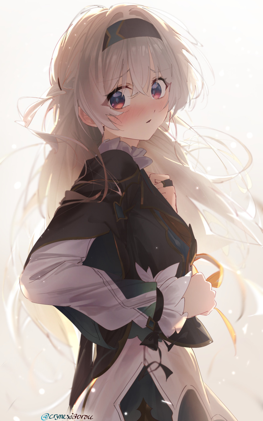 1girl absurdres black_bridal_gauntlets black_hairband black_jacket blue_eyes blush breasts bridal_gauntlets commentary cryne firefly_(honkai:_star_rail) from_side grey_hair hairband highres honkai:_star_rail honkai_(series) jacket long_hair long_sleeves looking_at_viewer looking_to_the_side medium_breasts nose_blush parted_lips shirt single_bridal_gauntlet solo upper_body white_shirt