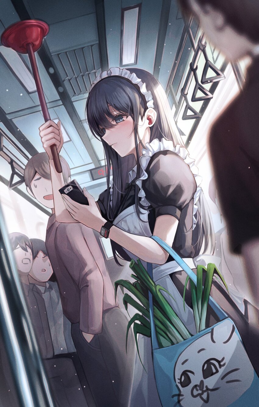 1girl absurdres apron bag black_dress black_hair blush dress frilled_apron frills gongha hair_between_eyes highres holding holding_phone holding_plunger long_hair looking_at_another maid maid_headdress original people phone plunger puffy_short_sleeves puffy_sleeves short_sleeves solo_focus spring_onion straight_hair sweatdrop tote_bag train_interior very_long_hair white_apron wireless_earphones