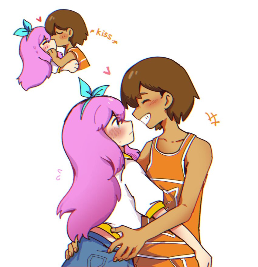 1boy 1girl aubrey_(faraway)_(omori) aubrey_(omori) basketball_jersey blue_hairband brown_hair commentary dark-skinned_male dark_skin grin hairband hashtag-only_commentary height_difference hetero highres jacket kel_(faraway)_(omori) kel_(omori) kiss long_hair ni12345670 omori pink_hair smile white_jacket