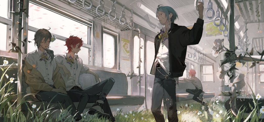 4boys ahoge amagi_rinne belt belt_buckle black_belt black_footwear black_pants blue_hair brown_hair buckle bus buttons closed_eyes collared_shirt crazy_b_(ensemble_stars!) day earrings ensemble_stars! flower grass hair_flower hair_ornament hand_up highres himeru_(ensemble_stars!) jacket jewelry light looking_afar looking_at_another morning_glory motor_vehicle multiple_boys on_grass open_mouth oukawa_kohaku pants pink_hair plant purple_flower red_hair sanmuyun shiina_niki shirt sitting smile standing stud_earrings sunlight vines white_flower white_shirt window yellow_eyes yellow_flower