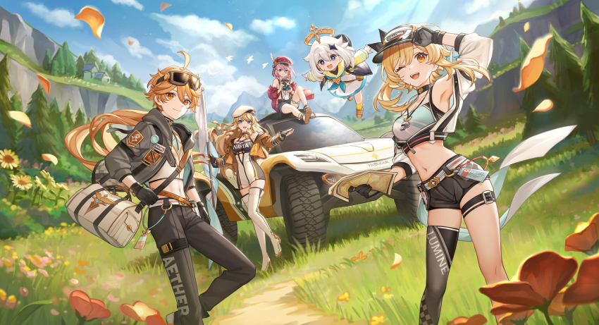 1boy 4girls ;d absurdres aether_(genshin_impact) ahoge arm_up armpits bare_shoulders beret black_gloves black_pants black_shorts blonde_hair blue_eyes blue_sky boots breasts newsboy_cap character_name charlotte_(genshin_impact) cleavage clothes_writing cloud commentary_request crop_top day dress drill_hair drill_sidelocks feet_out_of_frame flower genshin_impact gloves goggles goggles_on_head grass grey_jacket hair_between_eyes hat highres holding jacket jewelry knee_up long_hair long_sleeves lumine_(genshin_impact) medium_breasts midriff monocle multiple_girls navel navia_(genshin_impact) off_shoulder official_alternate_costume official_alternate_hairstyle official_art one_eye_closed open_clothes open_jacket open_mouth orange_flower orange_jacket outdoors paimon_(genshin_impact) pants pencil_dress pink_hair red_headwear shadow short_dress short_hair_with_long_locks short_shorts shorts sidelocks single_thighhigh sitting siya_ho sky smile standing stomach sunflower thigh_boots thigh_strap thighhighs thighs very_long_hair visor_cap white_dress white_footwear white_hair white_headwear white_jacket yellow_eyes