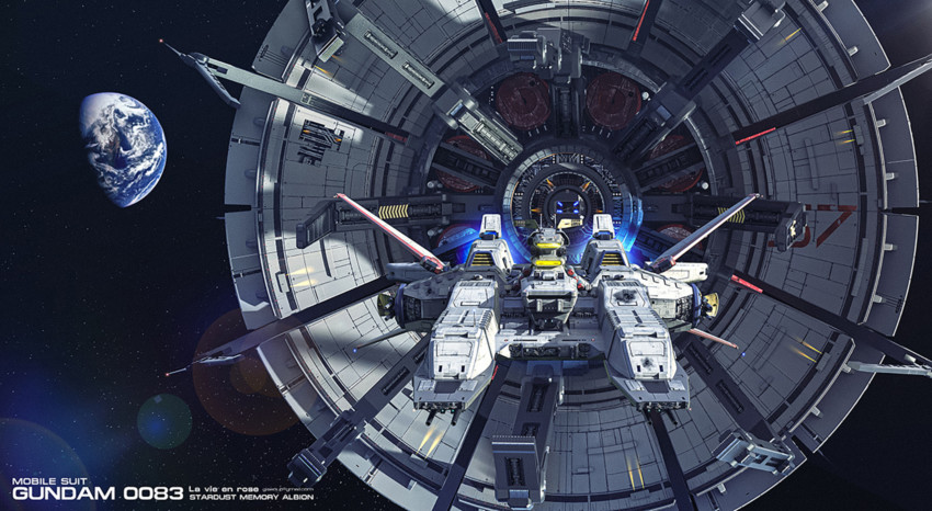 3d albion_(gundam) commentary earth_(planet) earth_federation energy_cannon english_commentary english_text gundam gundam_0083 highres la_vie_en_rose_(gundam) lens_flare logo machinery michaellee4 military military_base no_humans planet realistic science_fiction space space_station spacecraft thrusters turret