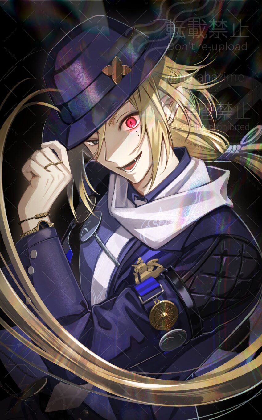 1boy :d artist_name black_background black_hat black_jacket blonde_hair bracelet collared_shirt commentary_request crazy_eyes crazy_smile earrings fang fedora floating_hair gold_ring grey_eyes hair_between_eyes hand_on_headwear hand_up hat heterochromia highres hugo_vlad jacket jacket_partially_removed jewelry lapel_pin lapels long_hair long_sleeves looking_at_viewer low_ponytail male_focus mole mole_under_eye multiple_rings narahazime necktie open_mouth parted_bangs pointy_ears ponytail purple_shirt red_eyes ring scarf shirt sidelocks smile solo teeth twitter_username upper_body very_long_hair watch watermark watermark_grid white_necktie white_scarf wristwatch zenless_zone_zero