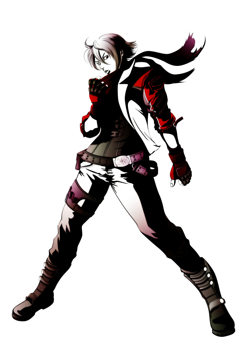 1other absurdres ahoge belt brown_eyes brown_hair fingerless_gloves fujisawa_tomio full_body gloves hair_between_eyes highres jacket legs_apart leo_kliesen looking_at_viewer non-web_source official_art open_mouth other_focus red_gloves red_jacket scarf short_hair simple_background solo teeth tekken tekken_tag_tournament_2 upper_teeth_only v-shaped_eyebrows white_background