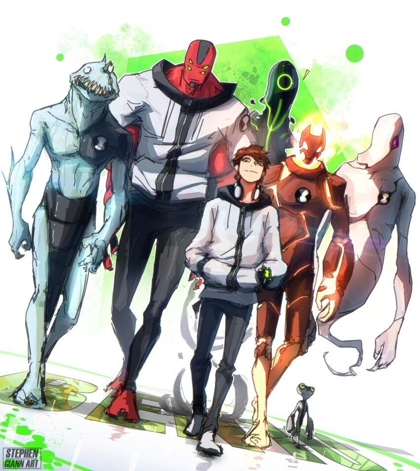 1boy absurdres alien artist_name ben_10 ben_tennyson black_pants brown_hair closed_mouth extra_arms four_arms_(ben_10) ghostfreak gray_matter green_eyes hands_in_pockets heatblast highres hood hood_down hooded_jacket jacket male_focus omnitrix pants ripjaw short_hair smile stephengiannart upgrade_(ben_10) white_jacket