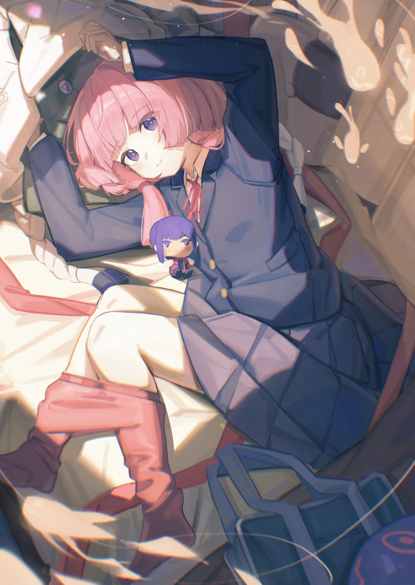 1girl absurdres bag blazer blue_hair blue_skirt collared_shirt fish flying_fish highres jacket kaf_(kamitsubaki_studio) kamitsubaki_studio laplace_(kamitsubaki_studio) long_sleeves looking_at_viewer low_twintails multicolored_eyes official_alternate_costume on_bed pantyhose pillow pink_hair pink_pantyhose plaid_clothes plaid_skirt red_pupils ribbon rim_(kamitsubaki_studio) school_bag school_uniform shirt skirt sleeveless sleeveless_jacket stuffed_toy twintails usagi_(usagiusgi628) yellow_pupils
