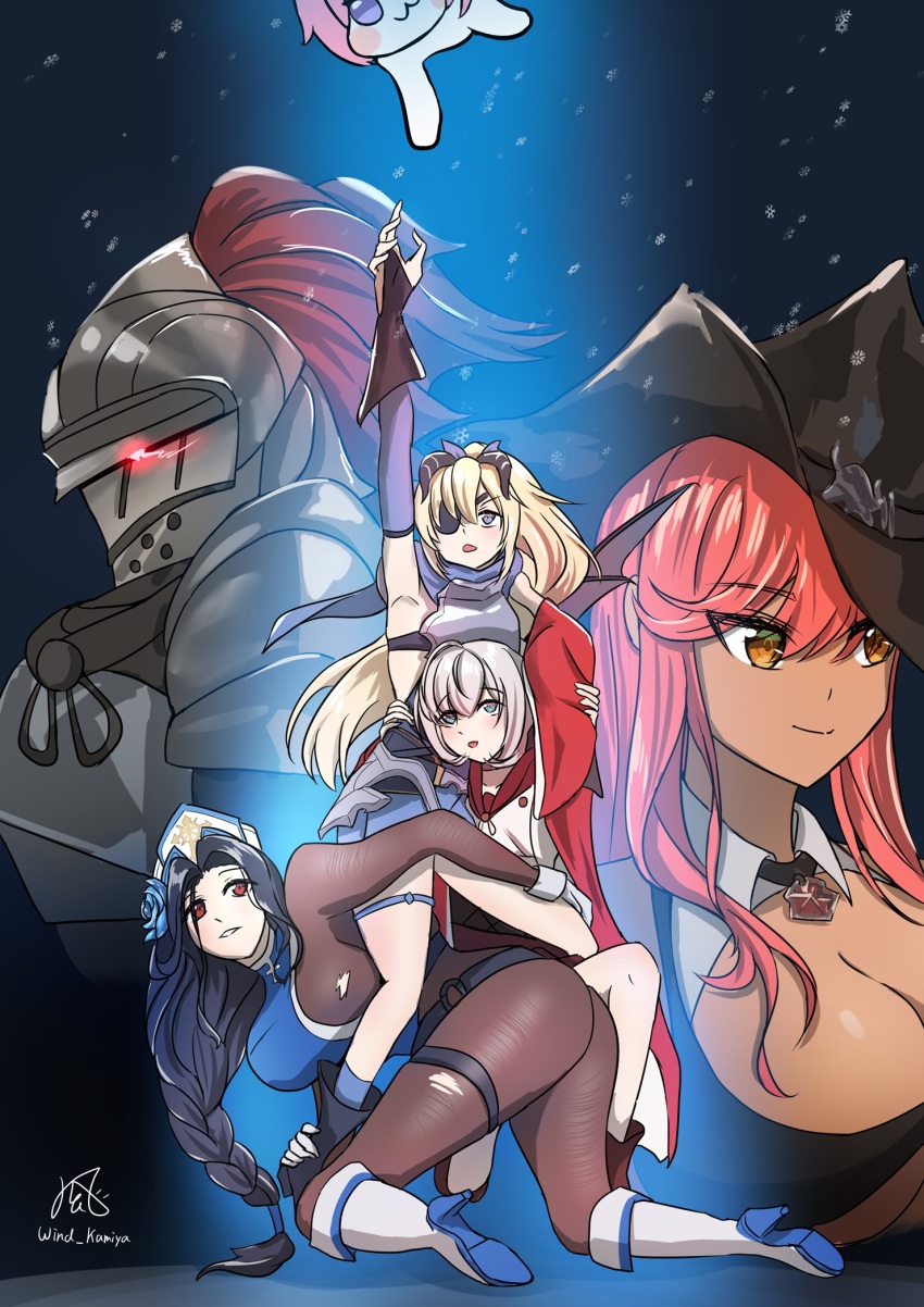 1boy 4girls :3 all_fours arm_around_leg arm_around_waist arm_up armor artist_name black_hair blonde_hair blue_eyes bodystocking boots braid braided_ponytail breastplate breasts bridal_gauntlets cleavage cleavage_cutout cloak clothing_cutout collar collared_shirt commander_(nikke) commentary_request doro_(nikke) elbow_gloves eyepatch flower frilled_thigh_strap gloves glowing glowing_eye goddess_of_victory:_nikke grey_hair guillotine_(nikke) guillotine_(winter_slayer)_(nikke) gundam gundam_narrative hair_flower hair_ornament hat helmet high_heels highres hip_armor horns kazushi_shinya long_hair long_sleeves maiden_(ice_rose)_(nikke) maiden_(nikke) multiple_girls narrative_formation no_headwear official_alternate_costume open_mouth orange_eyes orange_hair parody pauldrons reaching reaching_towards_another red_eyes red_hair rose scarf shirt short_hair shoulder_armor signature single_wing skirt sleeveless smile snowflakes snowing thigh_strap torn_clothes tunic vesti_(ark_mage)_(nikke) vesti_(nikke) volume_(beat_the_gun)_(nikke) volume_(nikke) wide_sleeves wing_collar wings