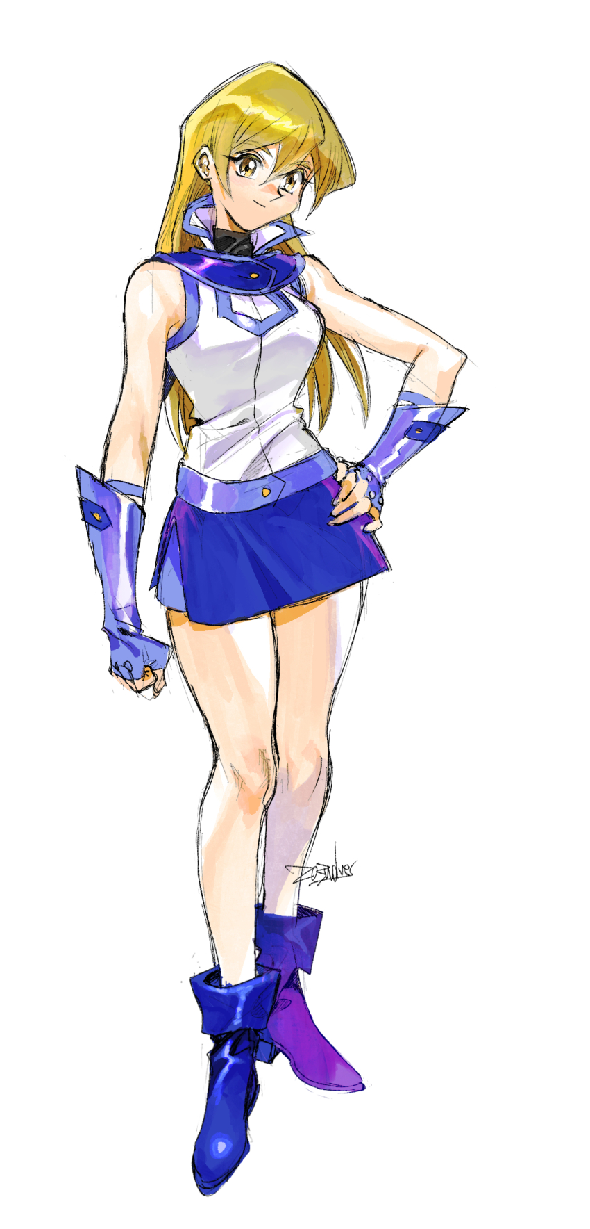 203wolves absurdres bare_legs bare_shoulders belt blonde_hair blue_boots blue_skirt boots brown_eyes duel_academy_uniform_(yu-gi-oh!_gx) fingerless_gloves full_body gloves hair_between_eyes hand_on_own_hip highres light_smile long_hair miniskirt shirt signature skirt sleeveless sleeveless_shirt standing straight_hair tenjouin_asuka turtleneck white_background yu-gi-oh! yu-gi-oh!_gx