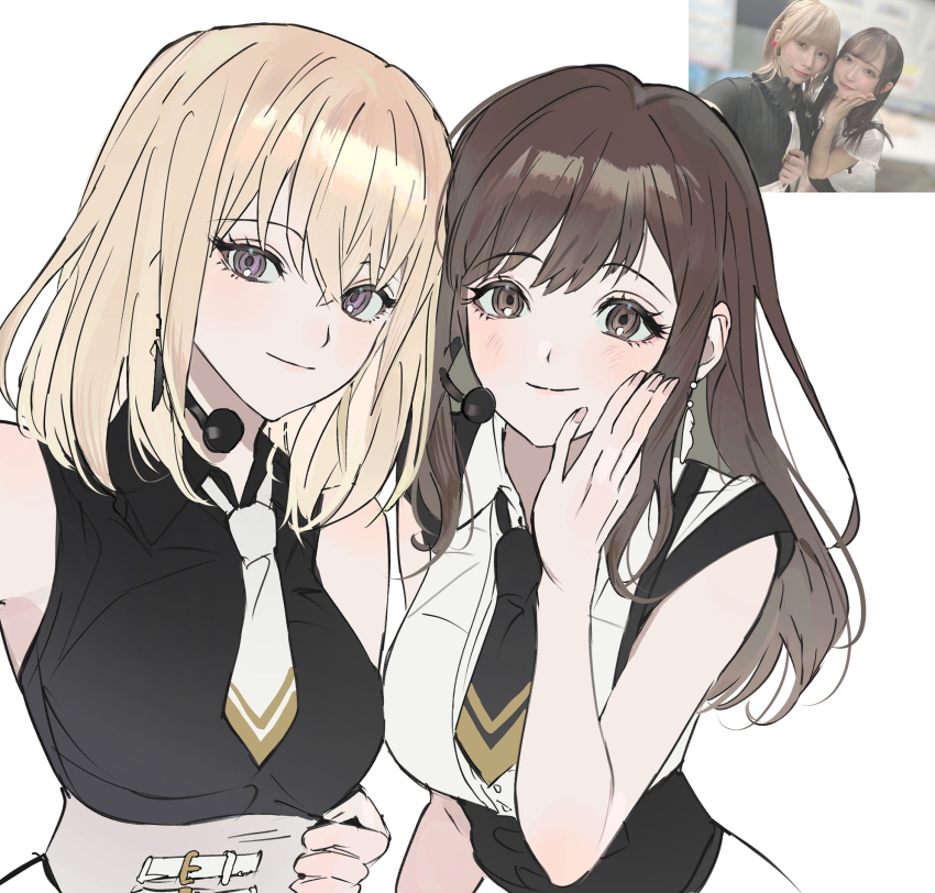 2girls bang_dream! bang_dream!_it&#039;s_mygo!!!!! black_necktie black_shirt blonde_hair blush brown_eyes brown_hair chibiya1010 commentary_request hair_between_eyes highres korean_commentary long_hair medium_hair microphone misumi_uika multiple_girls necktie photo-referenced purple_eyes reference_inset sasaki_rico_(voice_actor) shirt sidelocks simple_background sumimi_(bang_dream!) sumita_mana tanda_hazuki upper_body white_background white_necktie white_shirt
